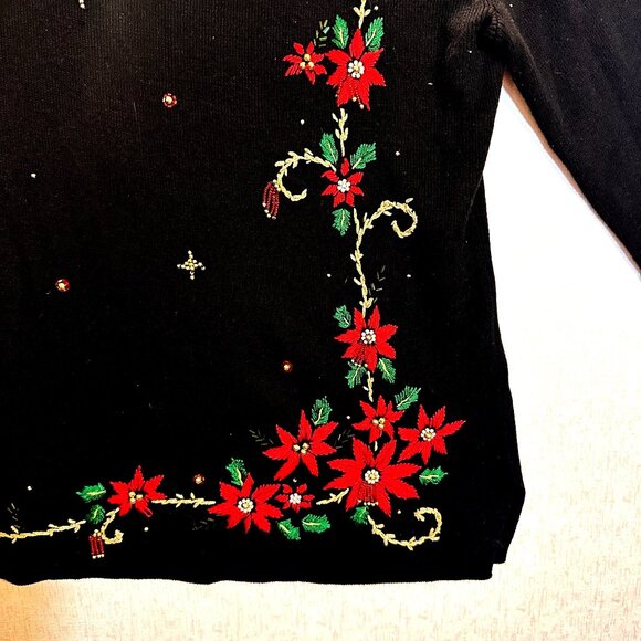 Vintage Kikit Black Christmas Sweater Red Poinsettia Embroidery Beaded Accents H - Picture 2 of 8